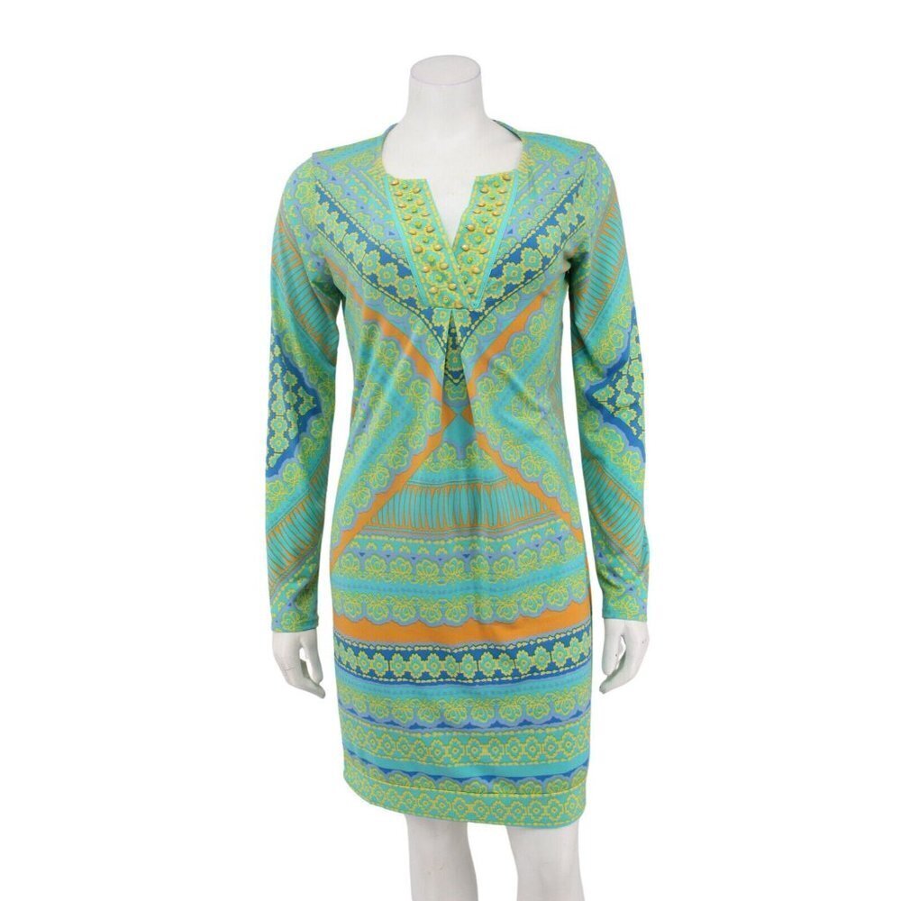 Hale Bob Green Orange Rope Geometric Print Beaded Jersey Mini Shift Dress Size S